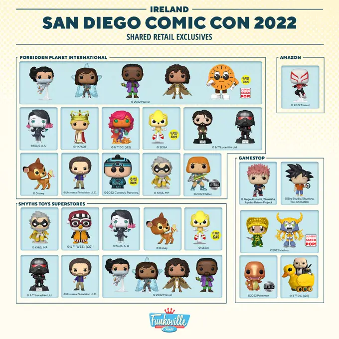 Funko San Diego Comic-Con (SDCC) 2022 - Shared Retailers - Ireland - Funko Pop Convention Exclusives - Pop Shop Guide