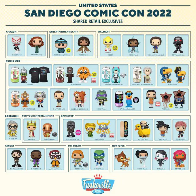 Funko San Diego Comic-Con (SDCC) 2022 - Shared Retailers - United States Updated- Funko Pop Convention Exclusives - Pop Shop Guide