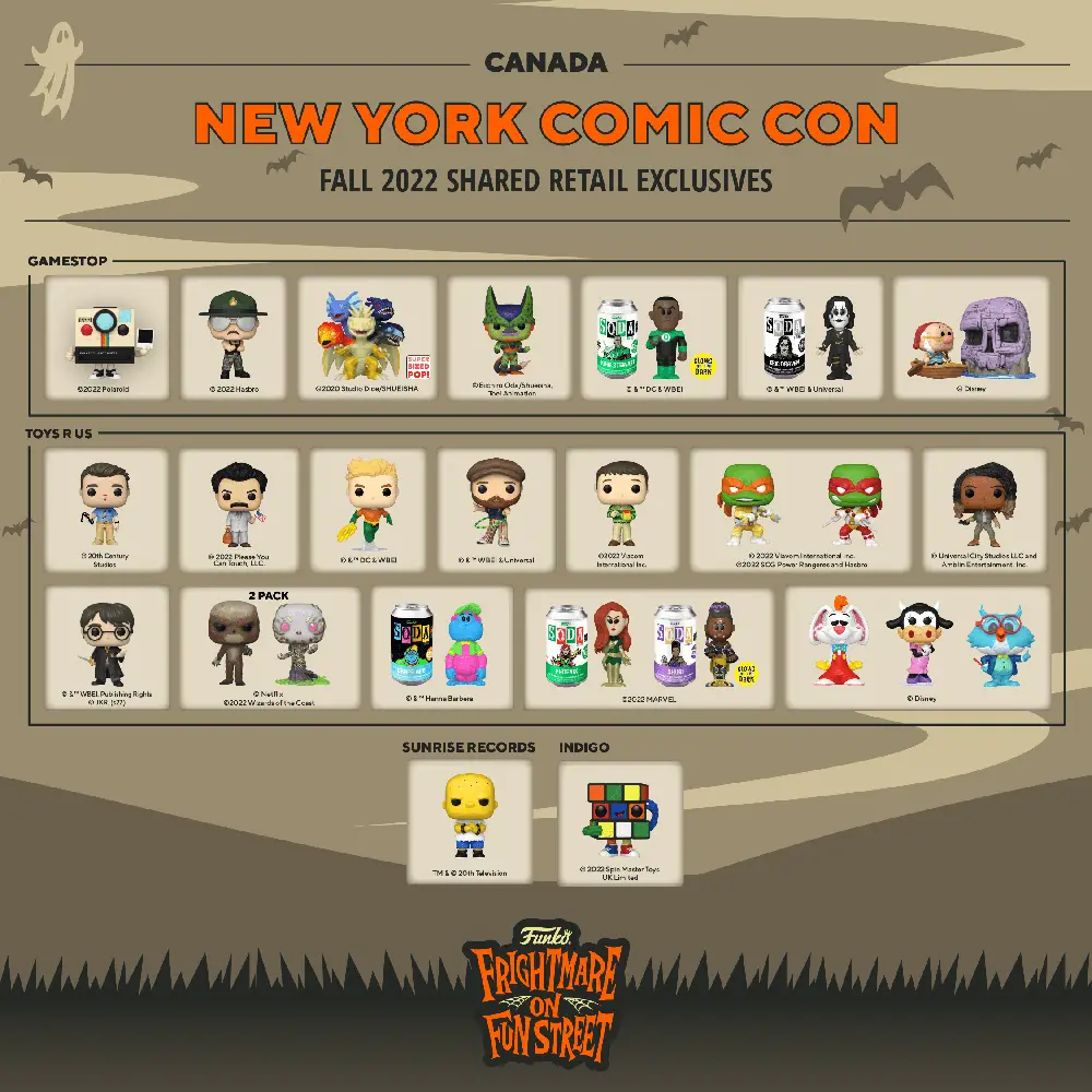 Funko Frightmare on Fun Street New York Comic Con NYCC 2022 - Shared Retailers Exclusives List - Canada