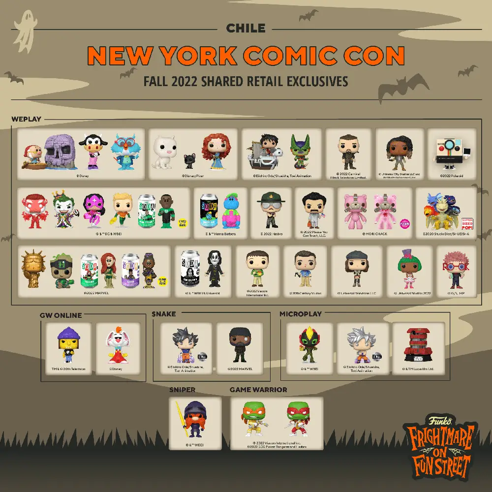 Funko Frightmare on Fun Street New York Comic Con NYCC 2022 - Shared Retailers Exclusives List - Chile