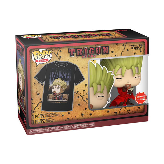Funko Pop news - New exclusive Trigun (Anime TV series) Funko Pop! Vash the Stampede (with Donuts) figure - T-Shirt Bundle - Pop Shop Guide