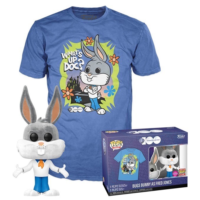 Funko Pop news - New Warner Bros. 100th Anniversary Looney Tunes X Scooby-Doo Funko Pop! Bugs Bunny as Fred Jones (Flocked) figure and T-Shirt Bundle - 01 - Pop Shop Guide