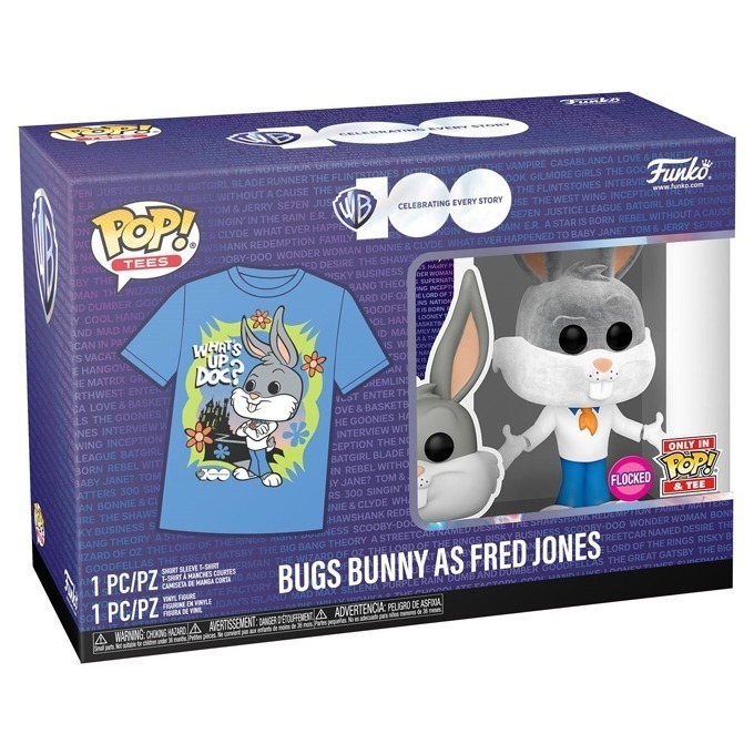 Funko Pop news - New Warner Bros. 100th Anniversary Looney Tunes X Scooby-Doo Funko Pop! Bugs Bunny as Fred Jones (Flocked) figure and T-Shirt Bundle - 02 - Pop Shop Guide